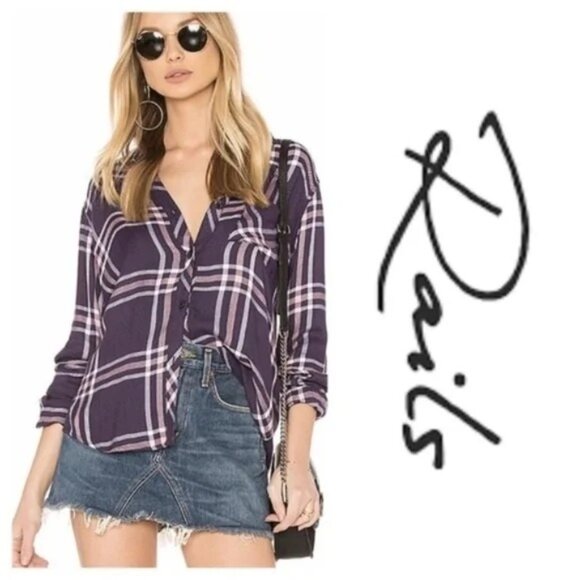 Rails Womens Small Navy Petal Pink Plaid Hunter Button Up Flannel Shirt Top - Picture 1 of 11